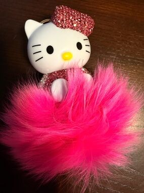 Cute White Kitty Keychain Plush with Hot Pink Fur Pom